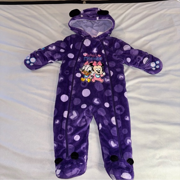 Disney Footie Baby Minnie Daisy Purple Polka Dot Hearts Bunting Bag Sz 6/12 Mo - Picture 1 of 15